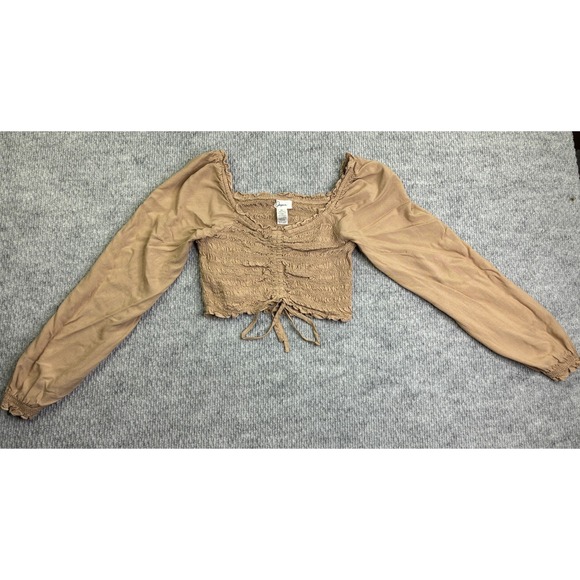 Japna Tops - Japna Women's S Tan Smocked Ruched Crop Top Long Puff Sleeve Cottagecore Boho